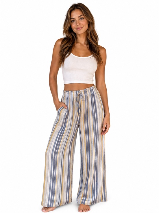 Papillon Pants - PAPILLON Striped Blue and Yellow Drawstring WIDE LEG Pants NWT size L